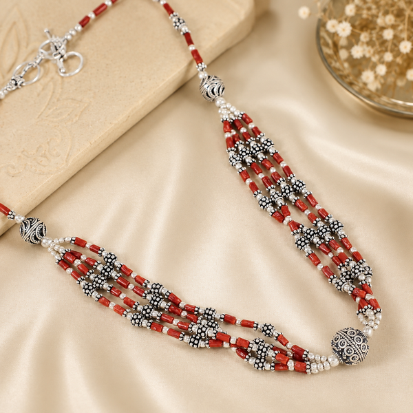 Arhaana Red Tribal Beaded Silver Necklace