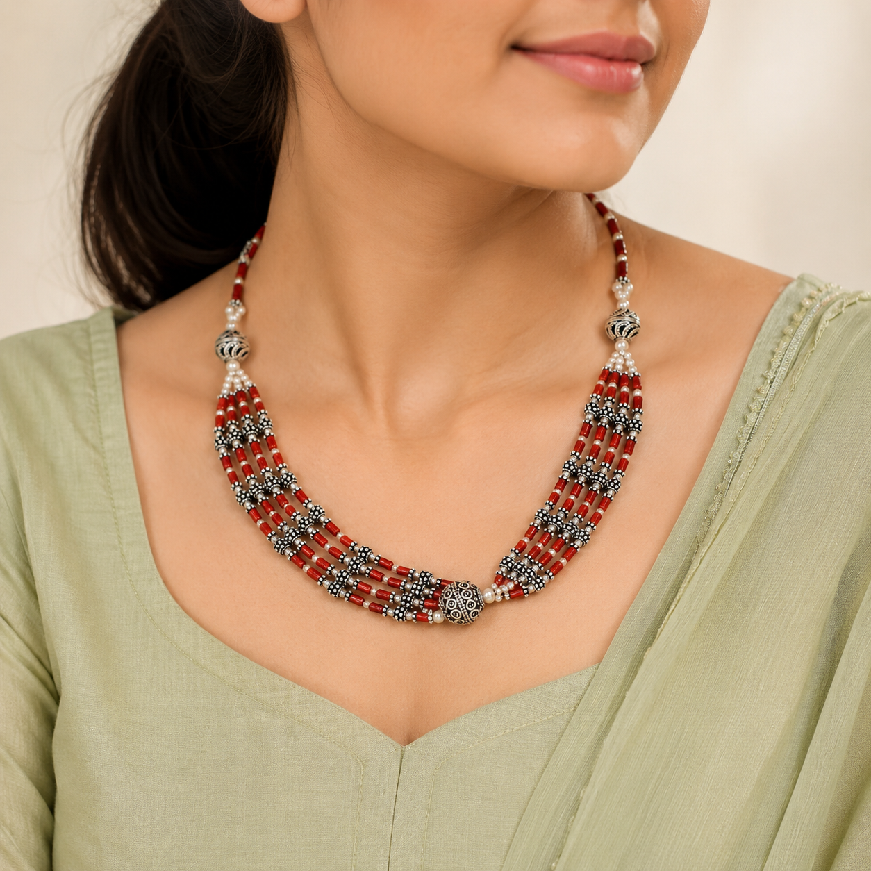 Arhaana Red Tribal Beaded Silver Necklace