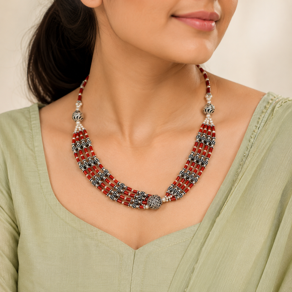 Arhaana Red Tribal Beaded Silver Necklace