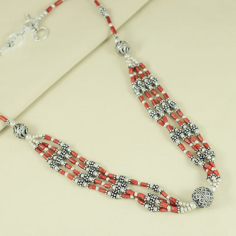 Arhaana Red Tribal Beaded Silver Necklace