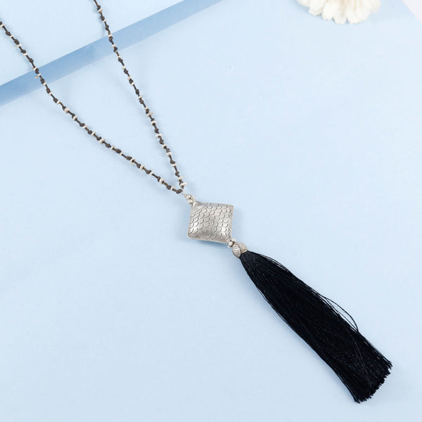 Yamini Black Tassel And Bold Look Silver Necklace