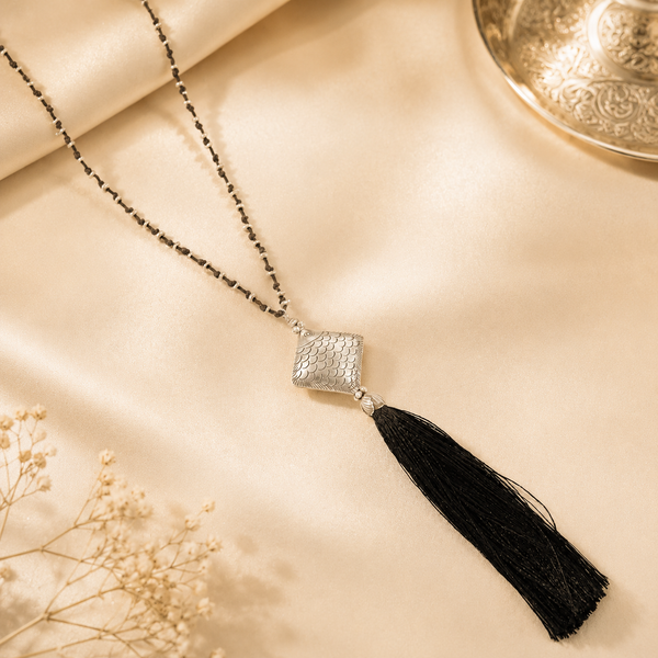 Yamini Black Tassel And Bold Look Silver Necklace