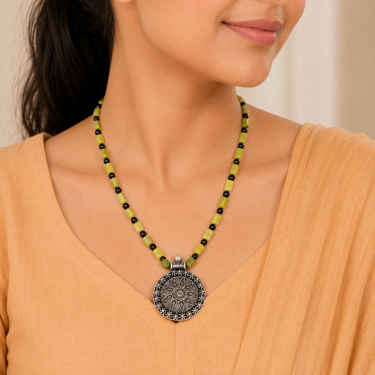Parvika Flower With Green Bead Silver Necklace