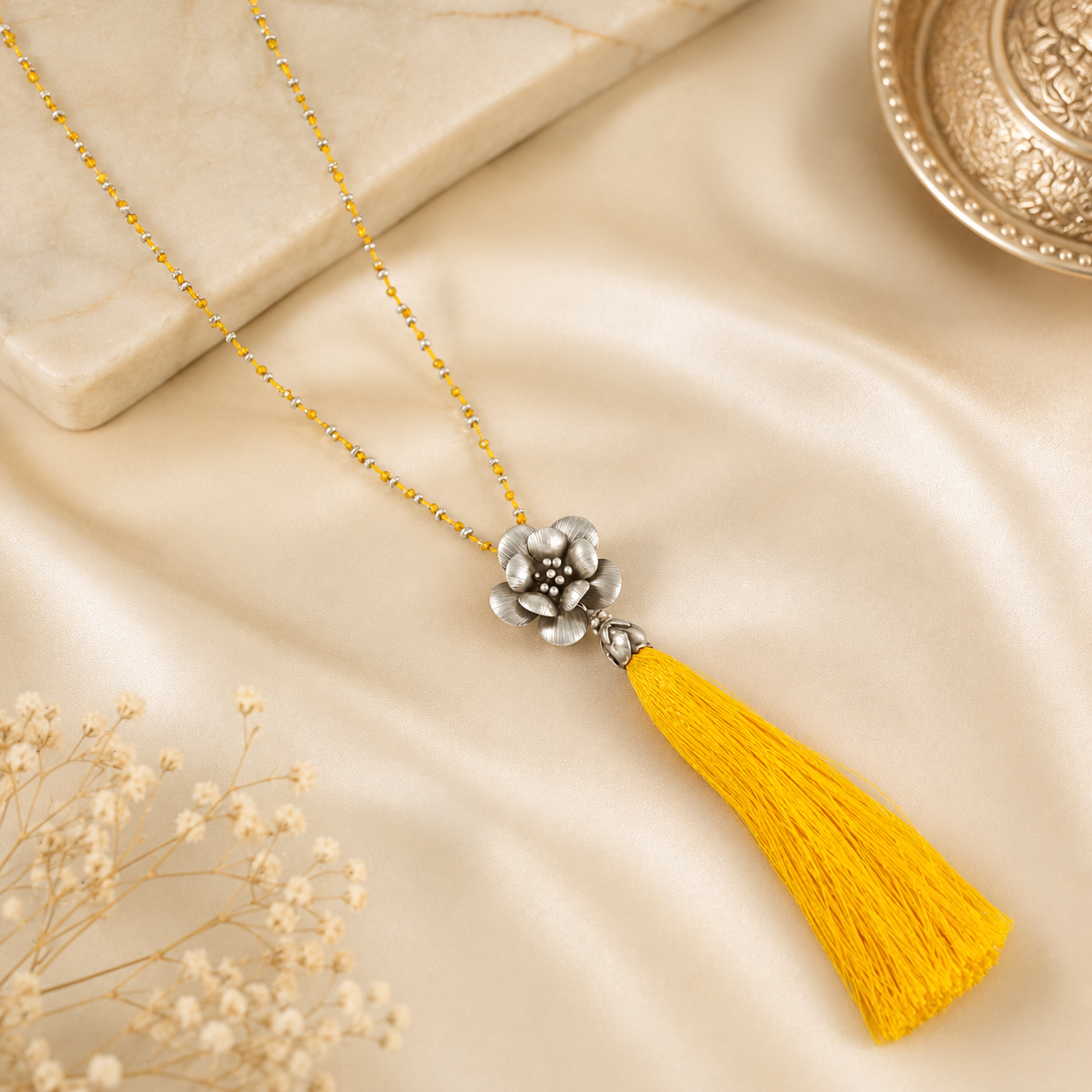 Floral Charm Silver Necklace With Tassel