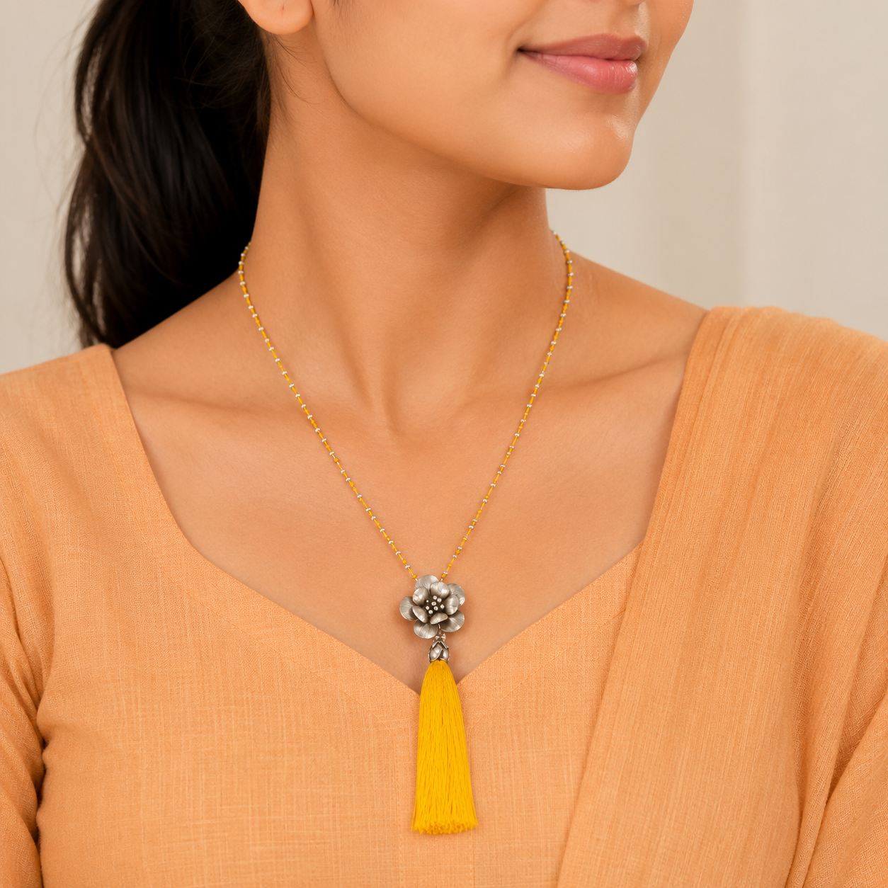 Floral Charm Silver Necklace With Tassel