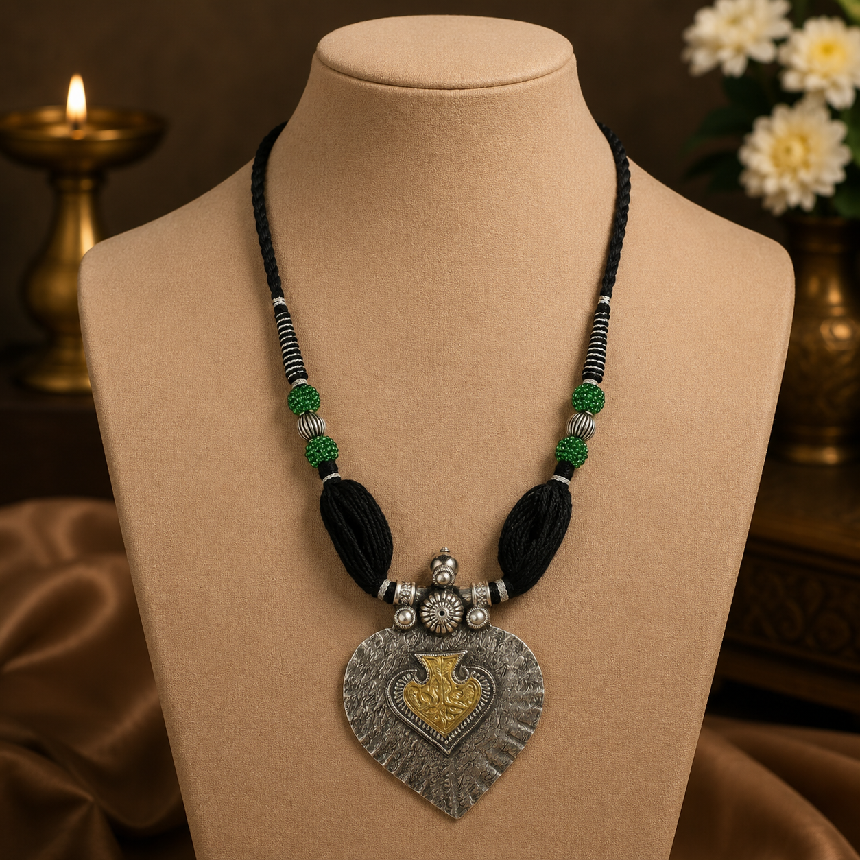 Elegant Paan Design Black Thread Silver Necklace