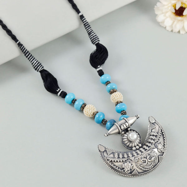 Esha Moon Design Silver Necklace Blue Beads