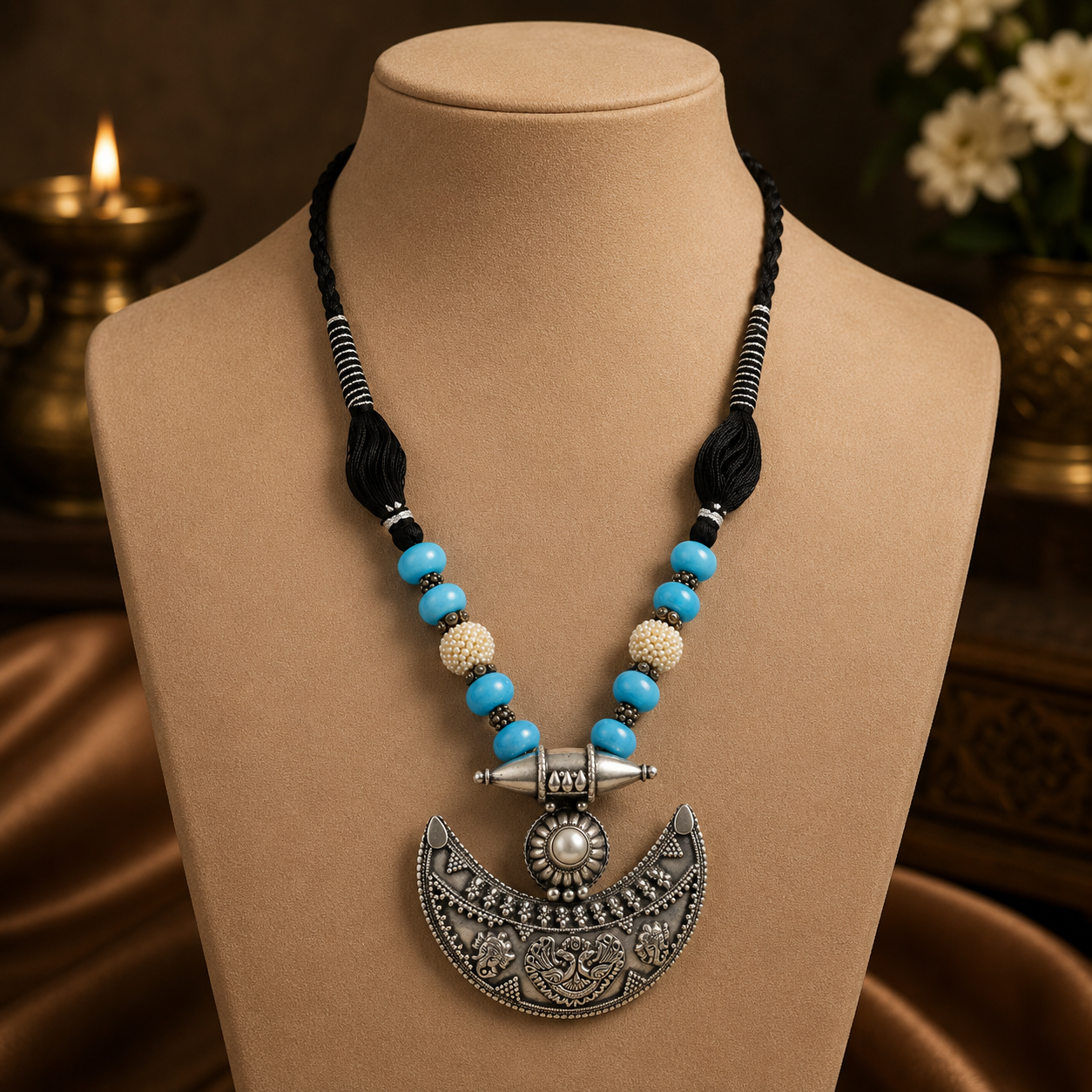 Esha Moon Design Silver Necklace Blue Beads