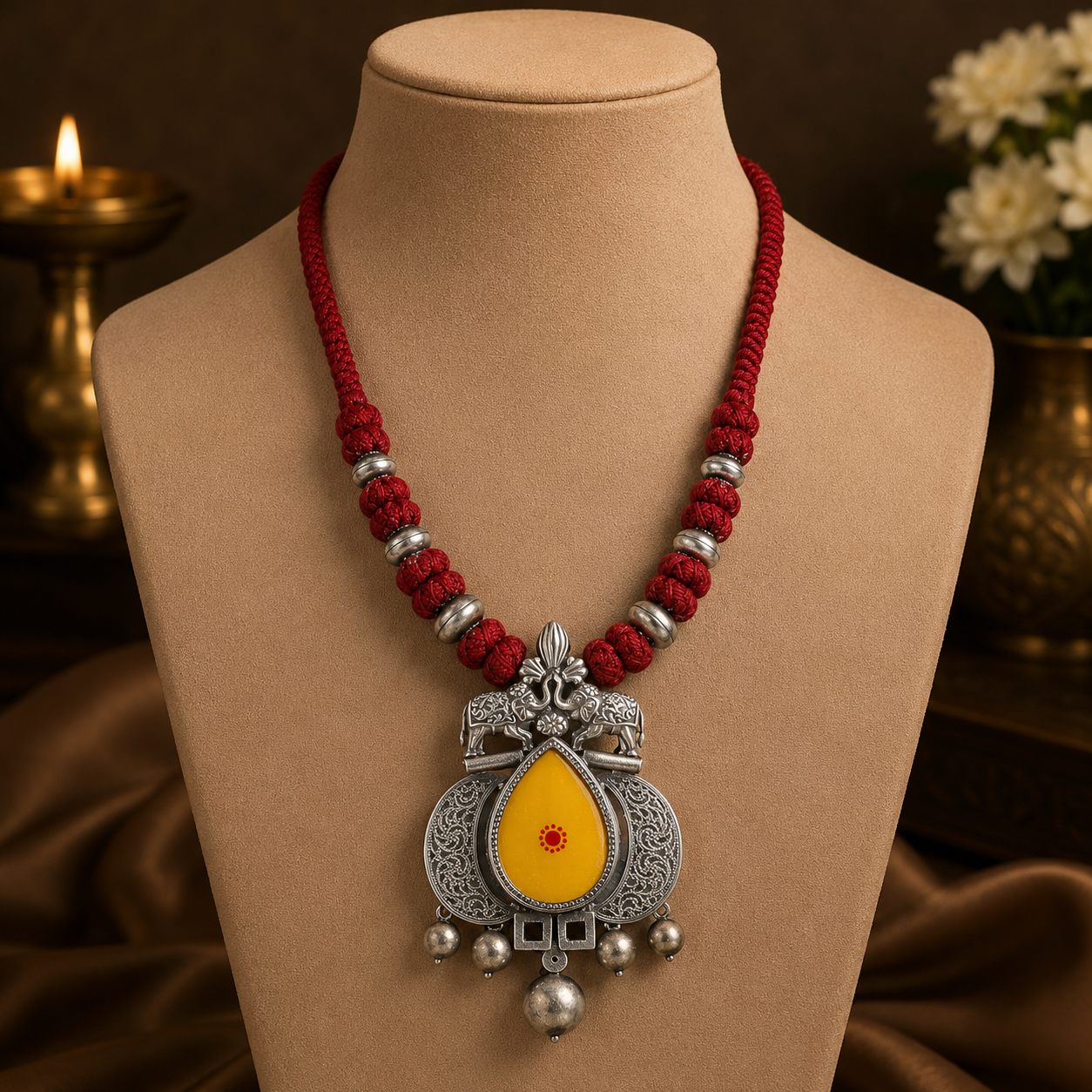 Tara Yellow Center and Red Thread Silver Necklace