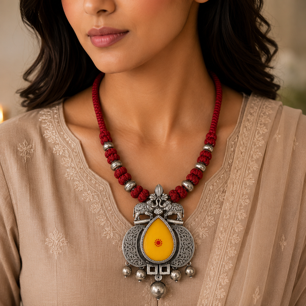 Tara Yellow Center and Red Thread Silver Necklace