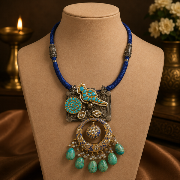 Leela Floral Charm Silver Necklace Blue Thread