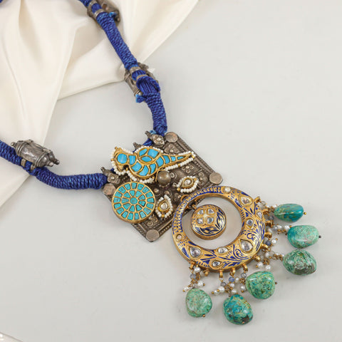 Leela Floral Charm Silver Necklace Blue  Thread