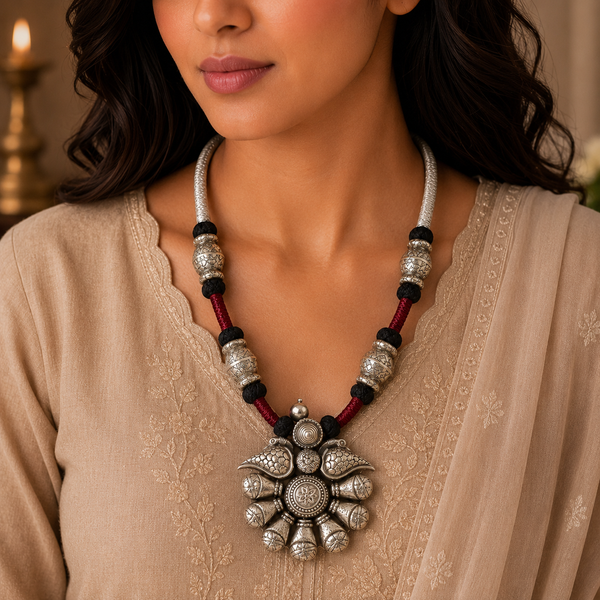Bold Silver Floral Red Thread Silver Neckale