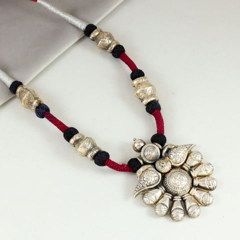 Bold Silver Floral Red Thread Silver Neckale