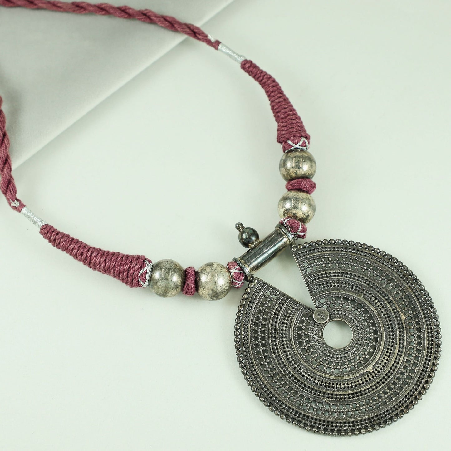 Red Thread Antique Silver Beads Necklace