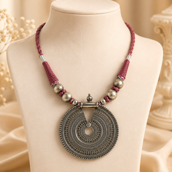 Red Thread Antique Silver Beads Necklace