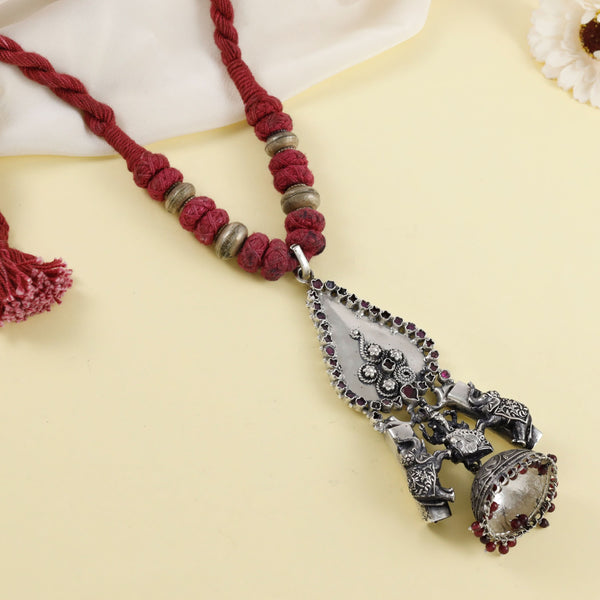 Elephant  Red Thread Silver Necklace
