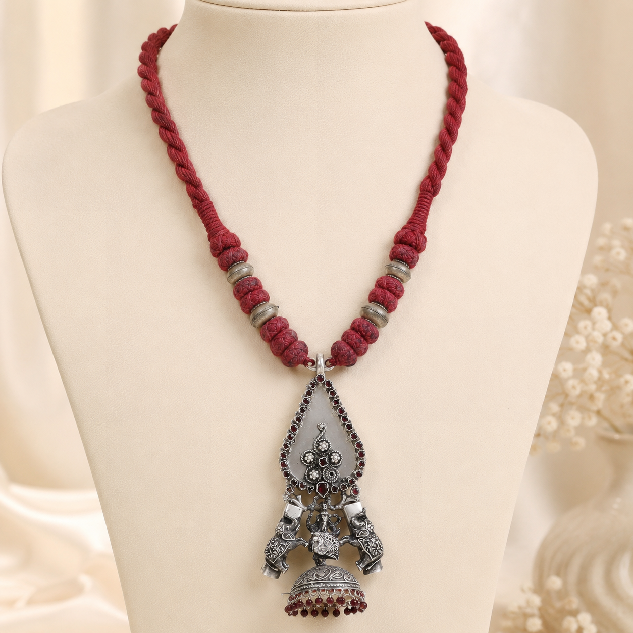 Elephant Red Thread Silver Necklace
