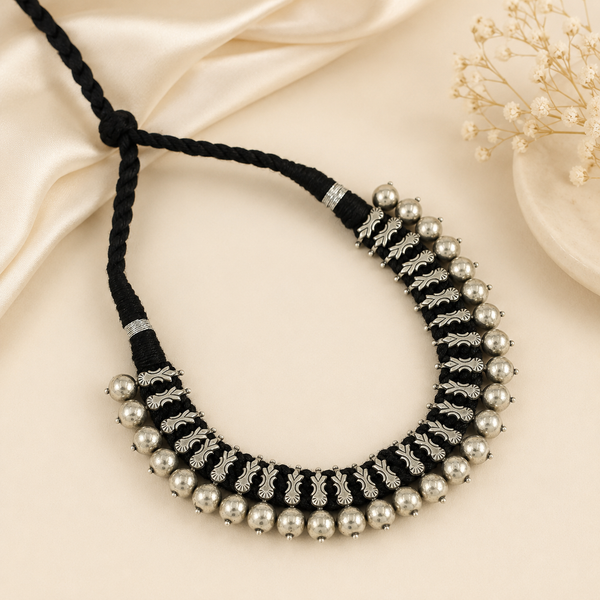 On Black Beads Thread Silver Necklace