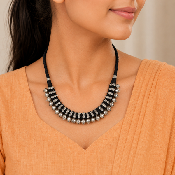 On Black Beads Thread Silver Necklace