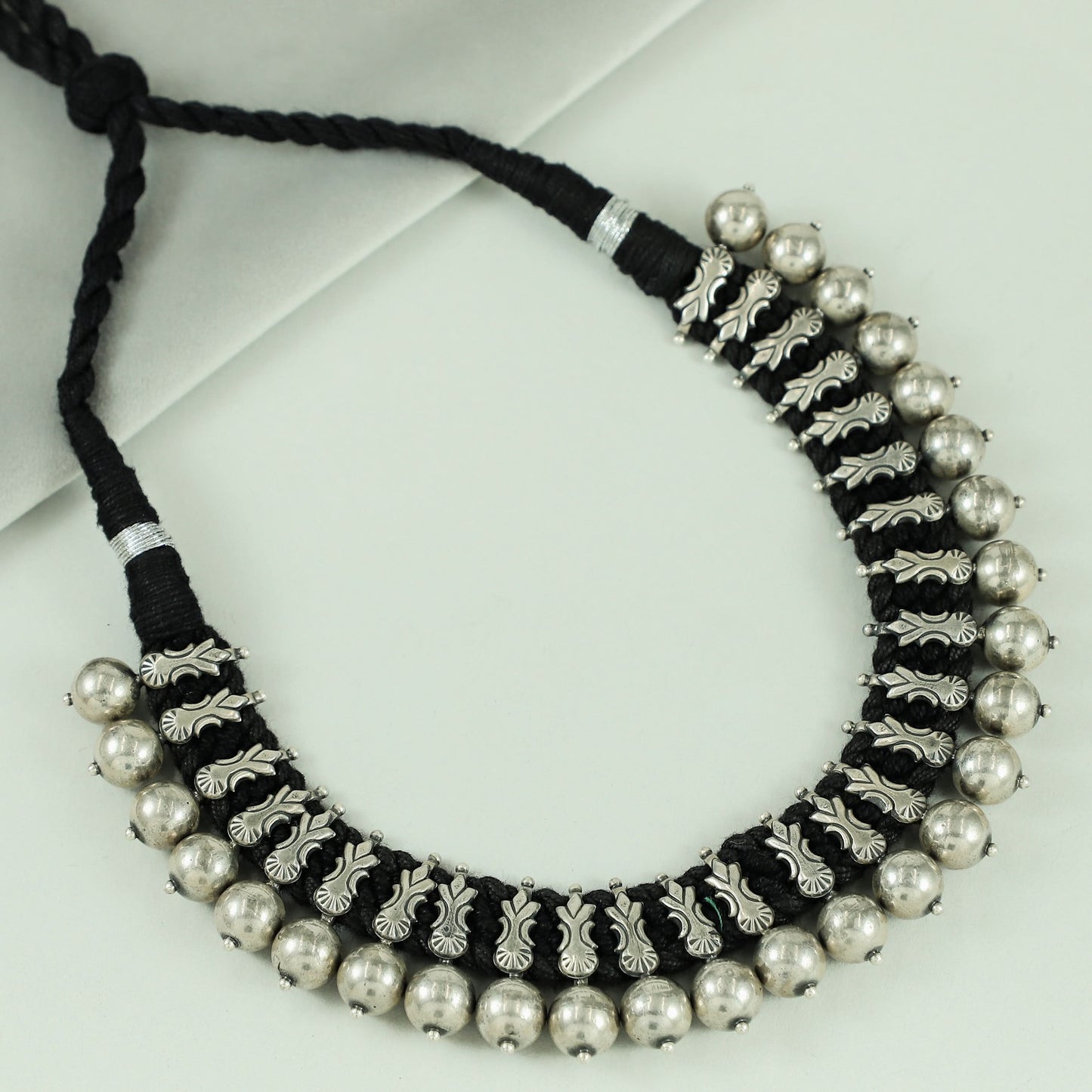 Elegant Silver Beads On Black Thread Necklace