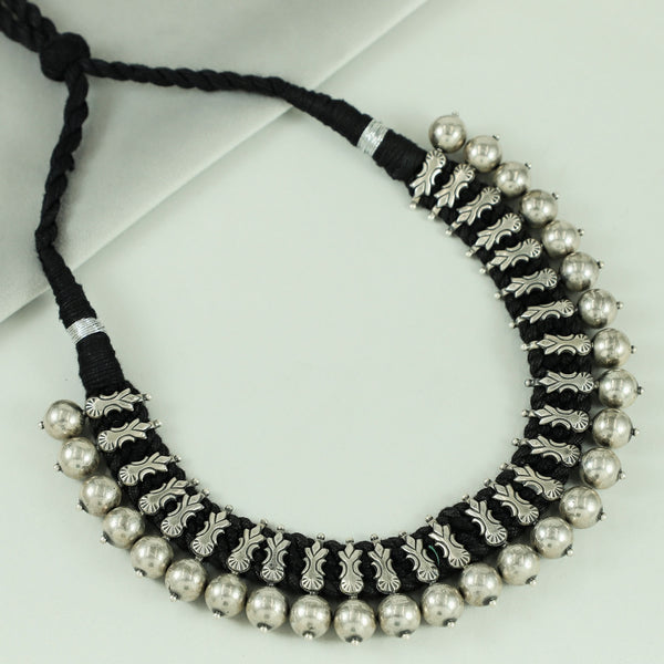 Elegant Silver Beads On Black Thread Necklace