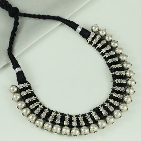 Elegant Silver Beads On Black Thread Necklace