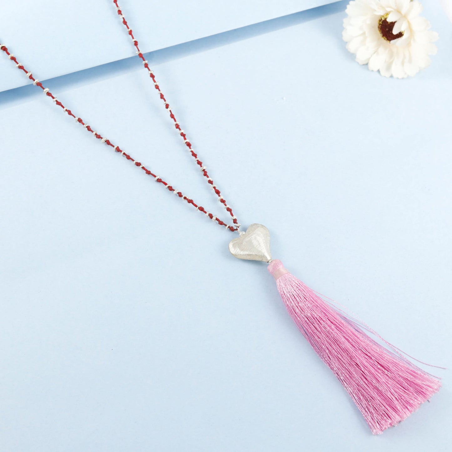 Heart With Vibrant Pink Tassel Silver Necklace