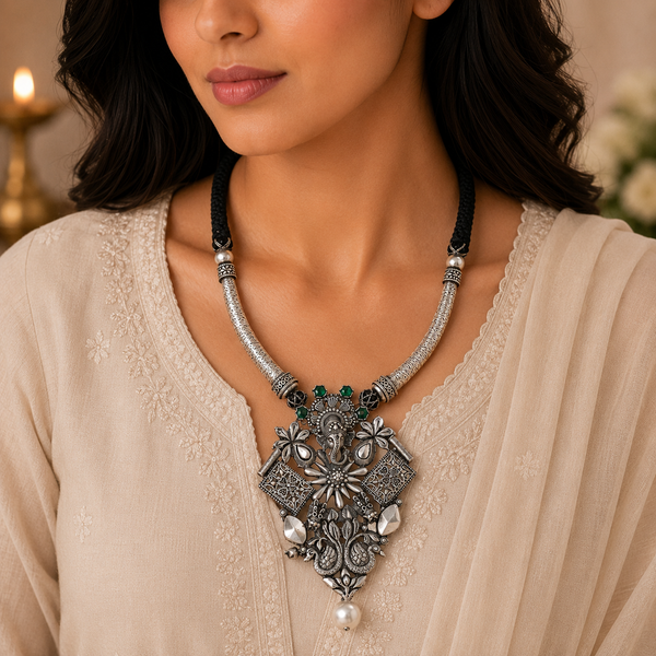 Veda Ganesh White Pearl Silver Necklace