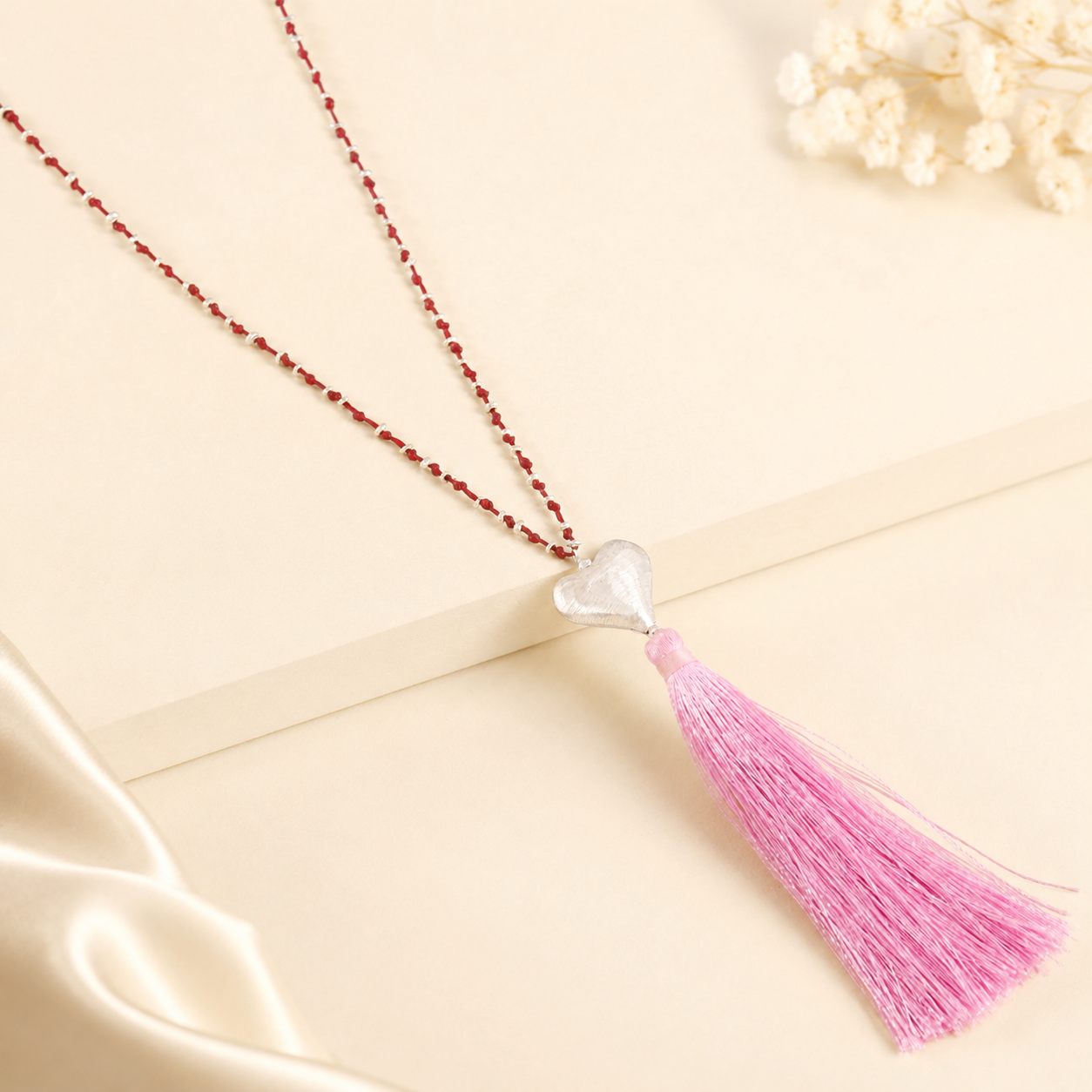 Heart With Vibrant Pink Tassel Silver Necklace