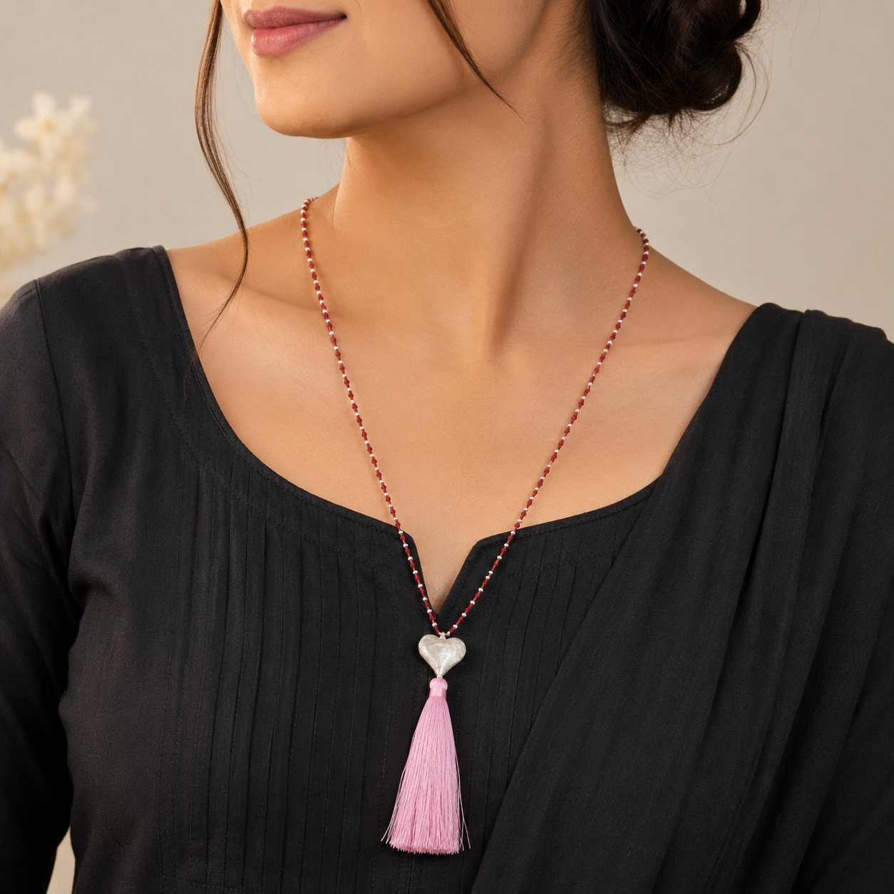Heart With Vibrant Pink Tassel Silver Necklace
