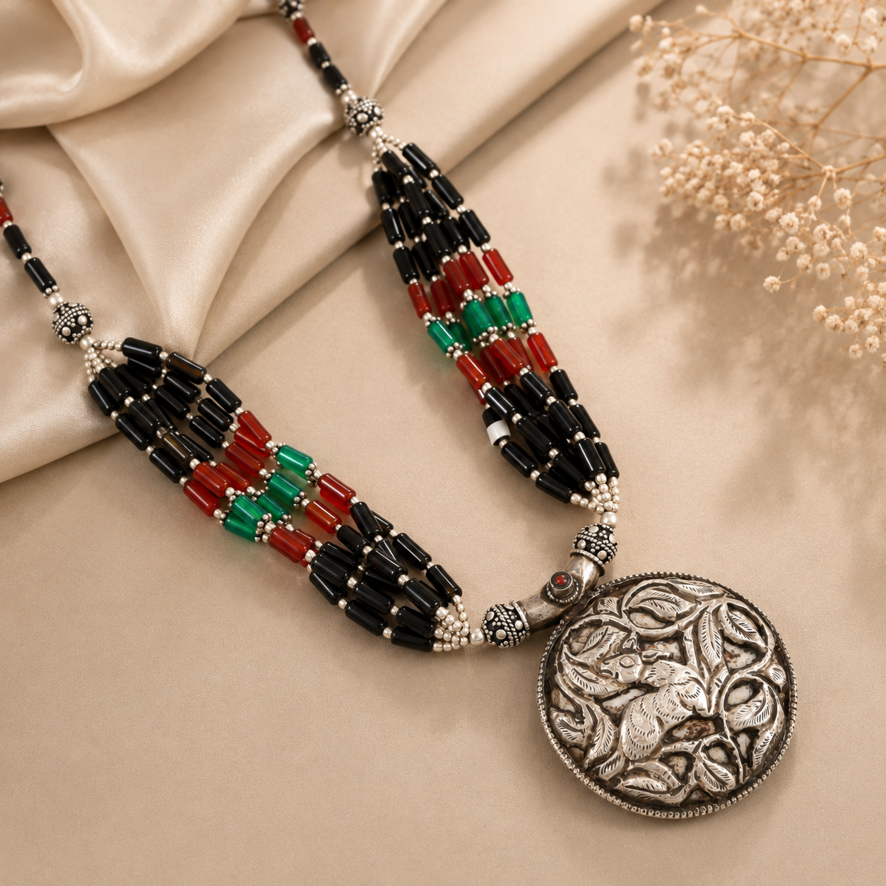 Elegant Silver Necklace With Multicolored Beads