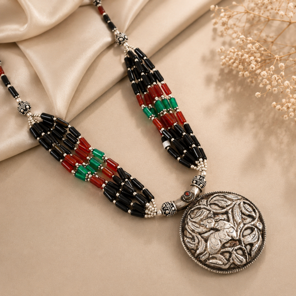 Elegant Silver Necklace With Multicolored Beads