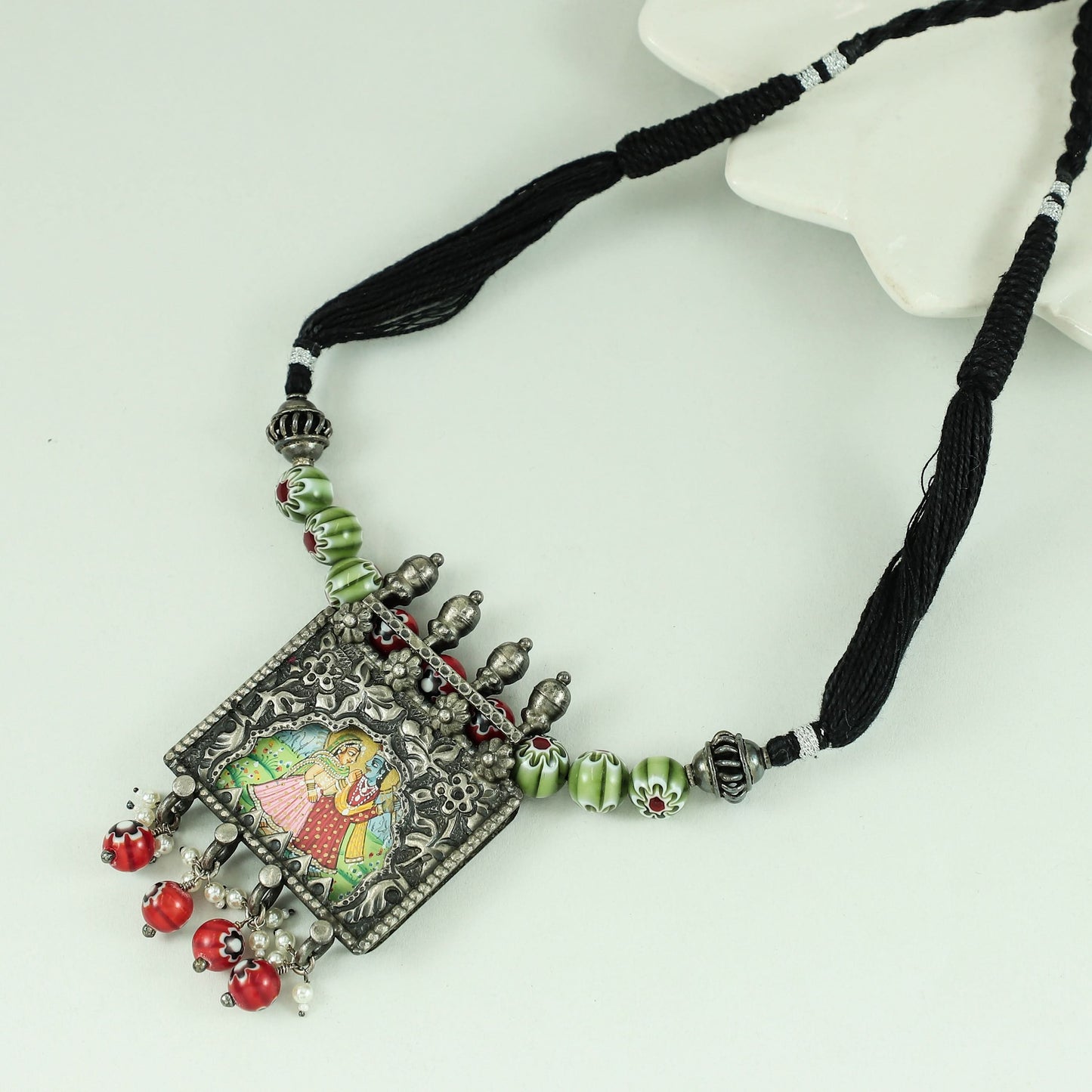 Radha Krishna Colorful Beads Silver Necklace