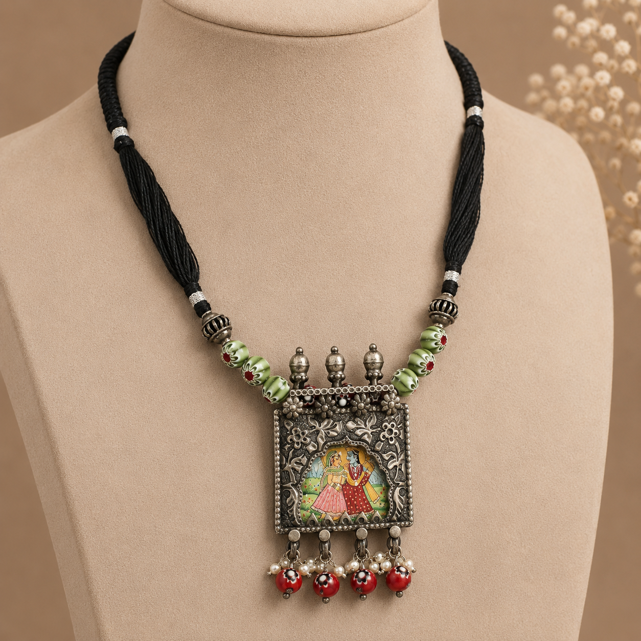 Radha Krishna Colorful Beads Silver Necklace