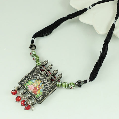 Radha Krishna Colorful Beads  Thread Silver Necklace