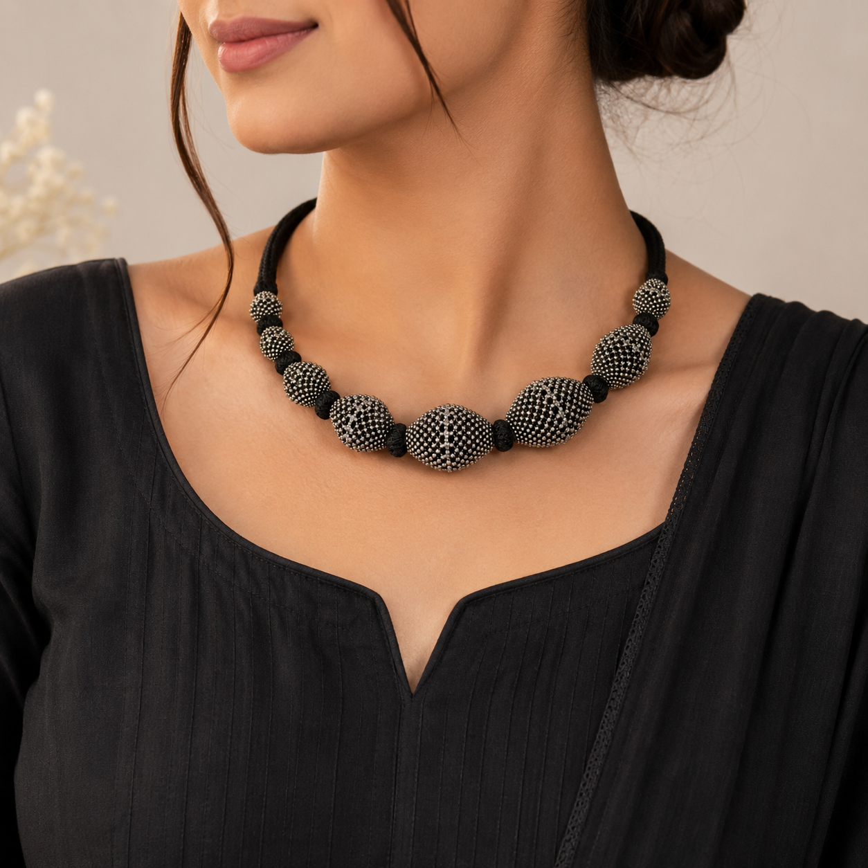 Beads On Black Thread Silver Necklace