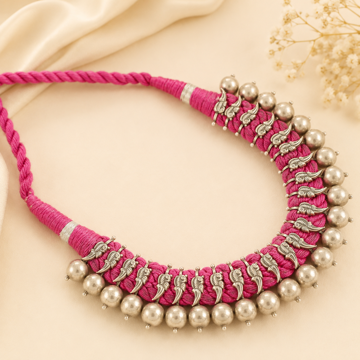 Kiran Pink Thread Charm Silver Necklace