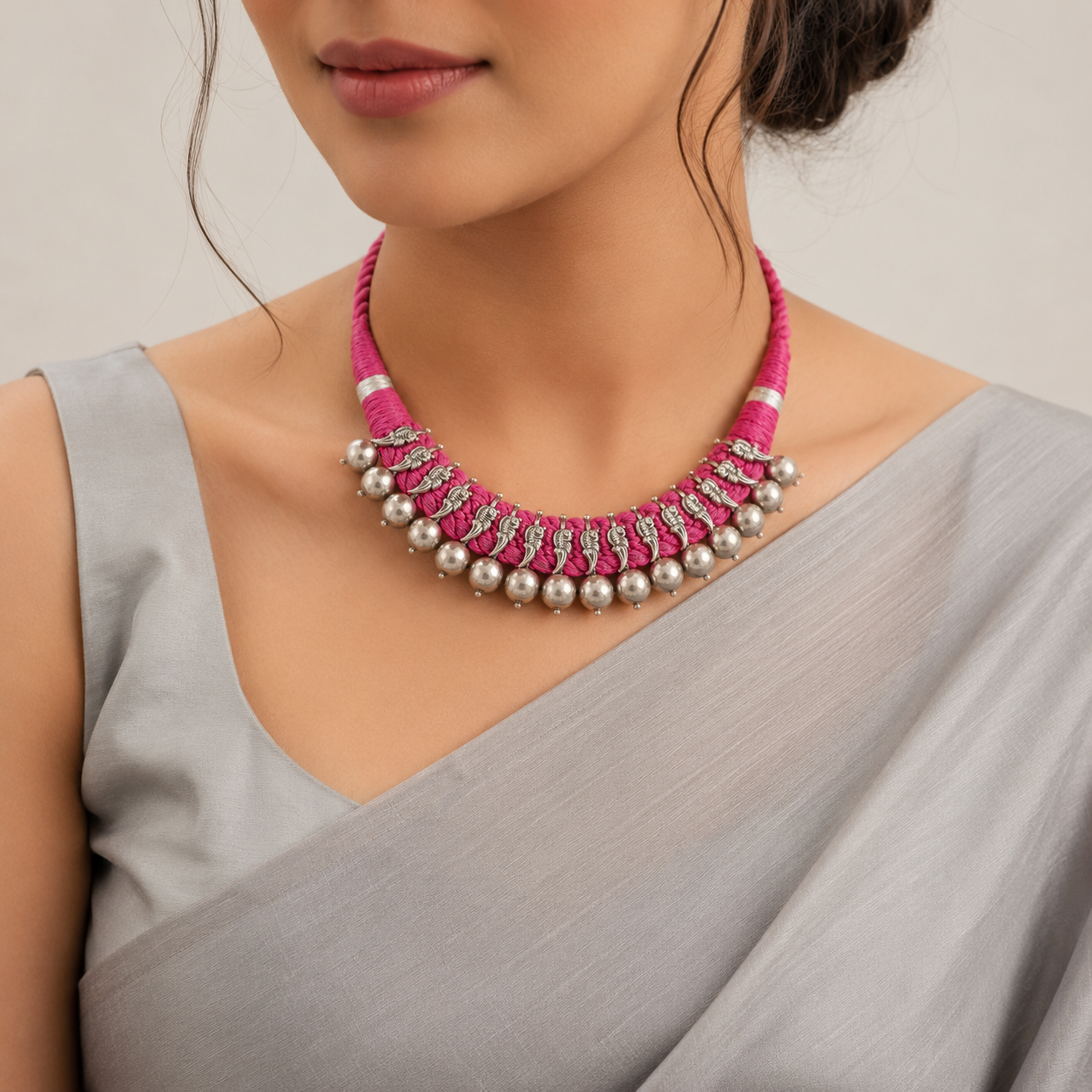 Kiran Pink Thread Charm Silver Necklace