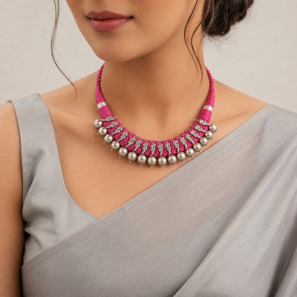 Kiran Pink Thread Charm Silver Necklace