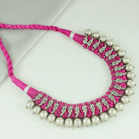 Kiran  Pink Thread Charm Necklace Silver