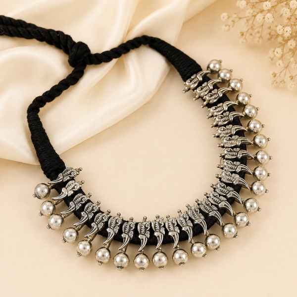 Diksha Black Thread Necklace Silver Charm