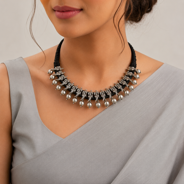 Diksha Black Thread Necklace Silver Charm