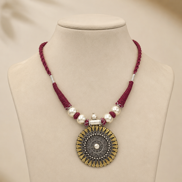 Bold Dual Tone Maroon Thread Silver Necklace