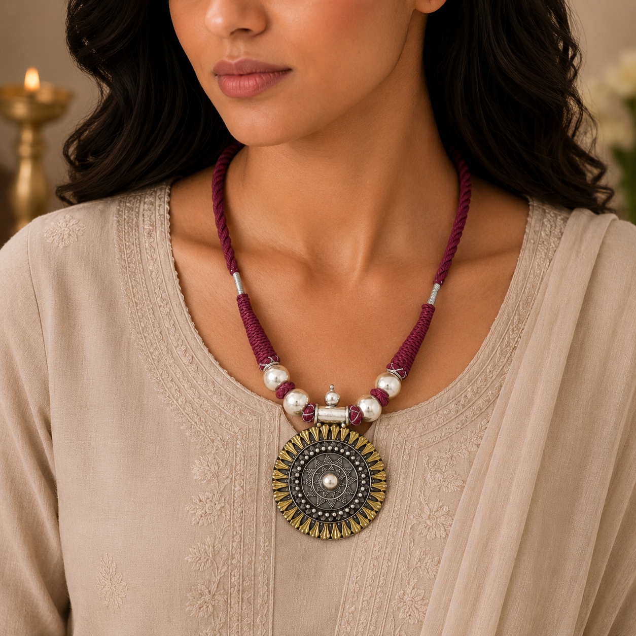 Bold Dual Tone Maroon Thread Silver Necklace