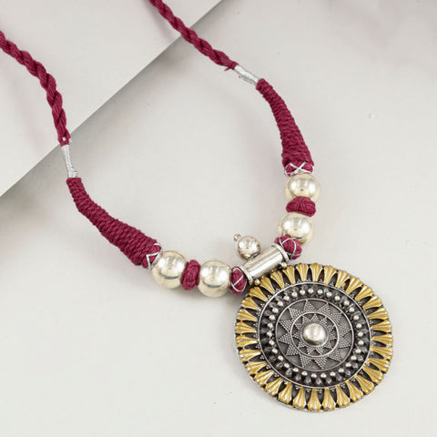 Bold Dual Tone Maroon thread Silver Necklace