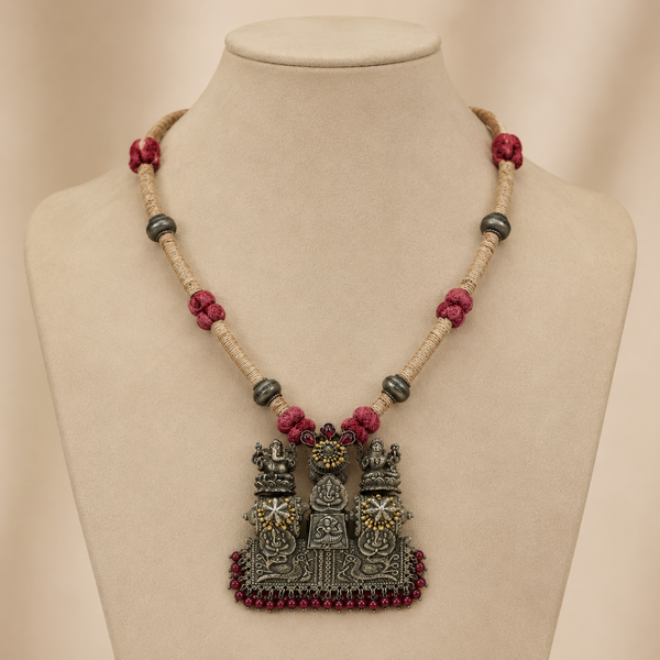 Ganesha Lakshmi Red Beads Silver Necklace