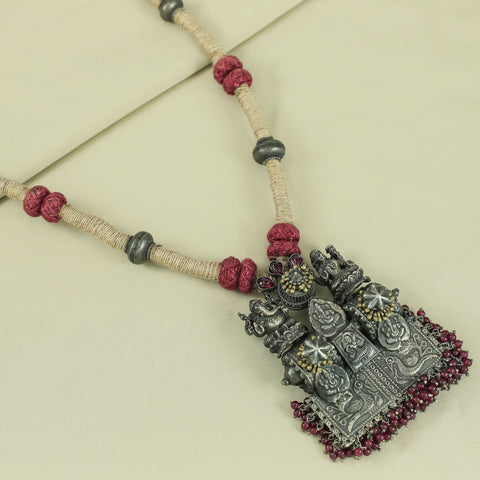 Ganesha Lakshmi Red Beads Temple Silver Necklace