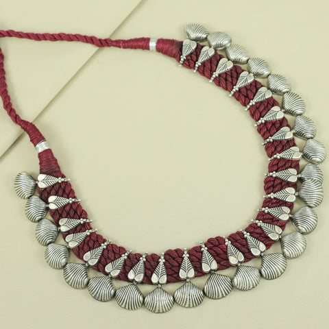 Riya  Maroon Thread With Antique Silver  Necklace