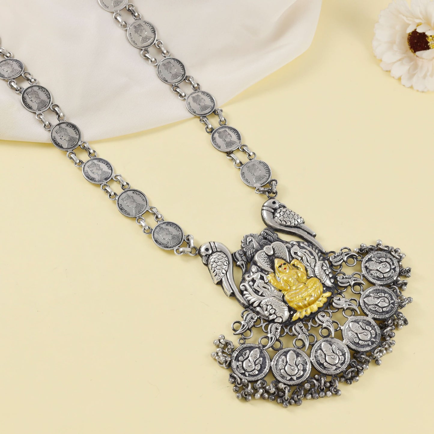 Amelia Long Dual Tone Goddess Lakshmi Designe Silver Necklace